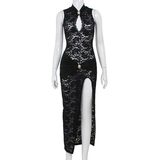 👗: Sexy Hollow Out Lace Sleeveless Dress - Slim Fit High Slit Evening Wear