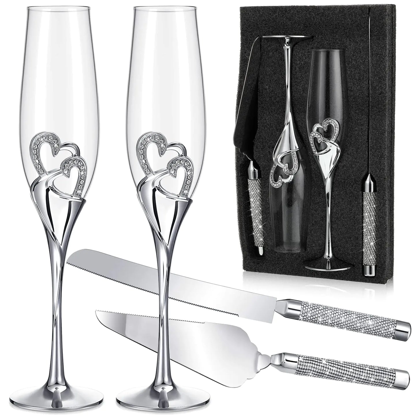🥂: Zhehao Premium Wedding Champagne Flutes & Cake Knife Set - Silver Rhinestone Heart Collection