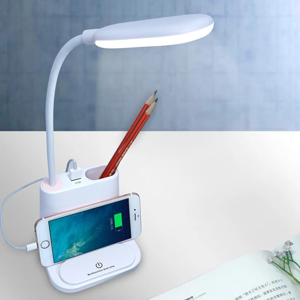 💡: USB Rechargeable LED Desk Lamp - Touch Dimming Phone Holder Fan Brush Pot