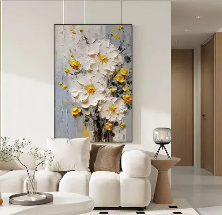 🌸 Nordic Abstract Cream Flower Hand-Painted Oil Painting for Living Room Decor