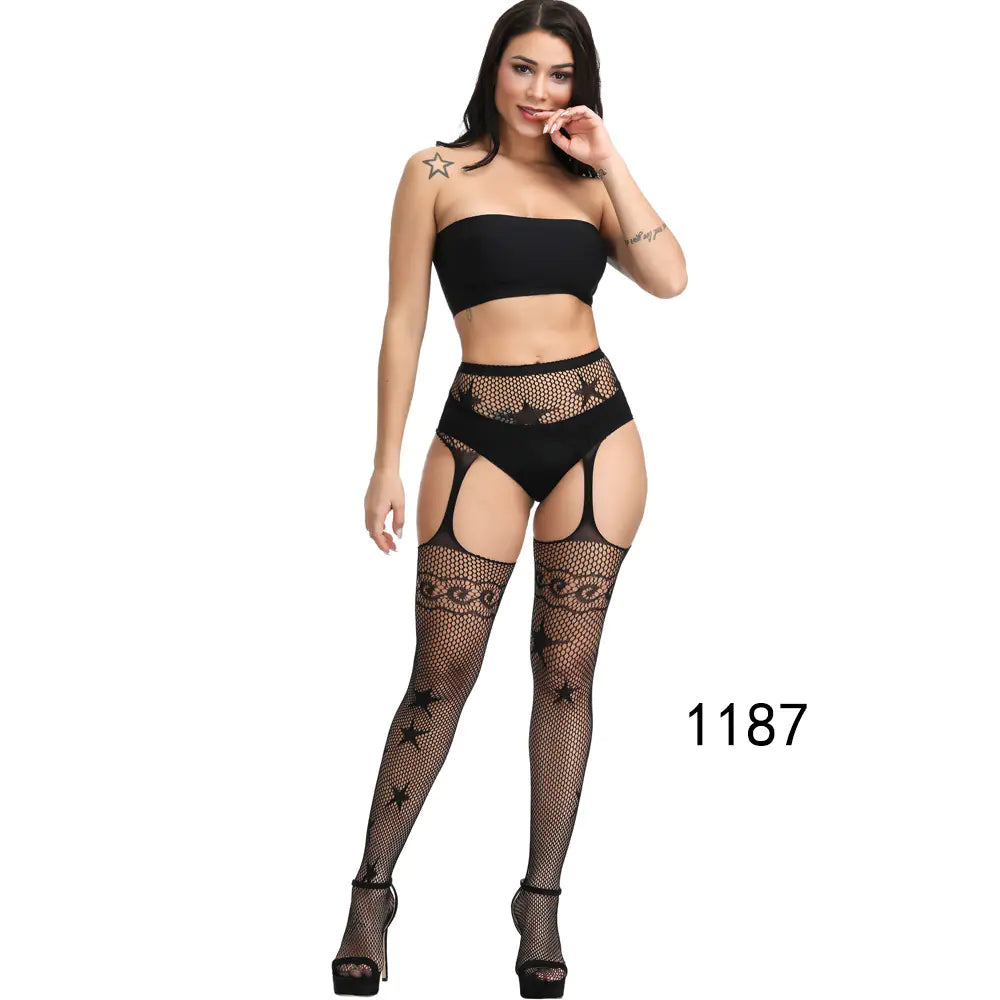 🦵: Sheer Lace-Trimmed Stockings with Open Crotch - Elegant Seductive Hosiery