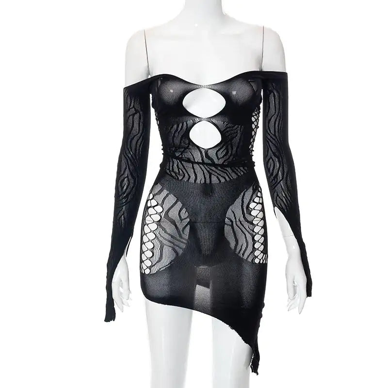 👗: In The Spotlight Cutout Off Shoulder Mesh Mini Dress - Glamorous Party Dress