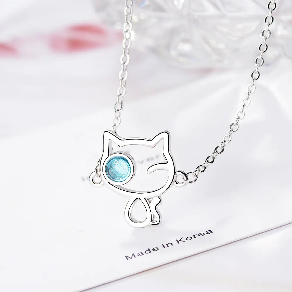 π: Blue Crystal Hello Kitty Necklace - Elegant Charm Jewelry