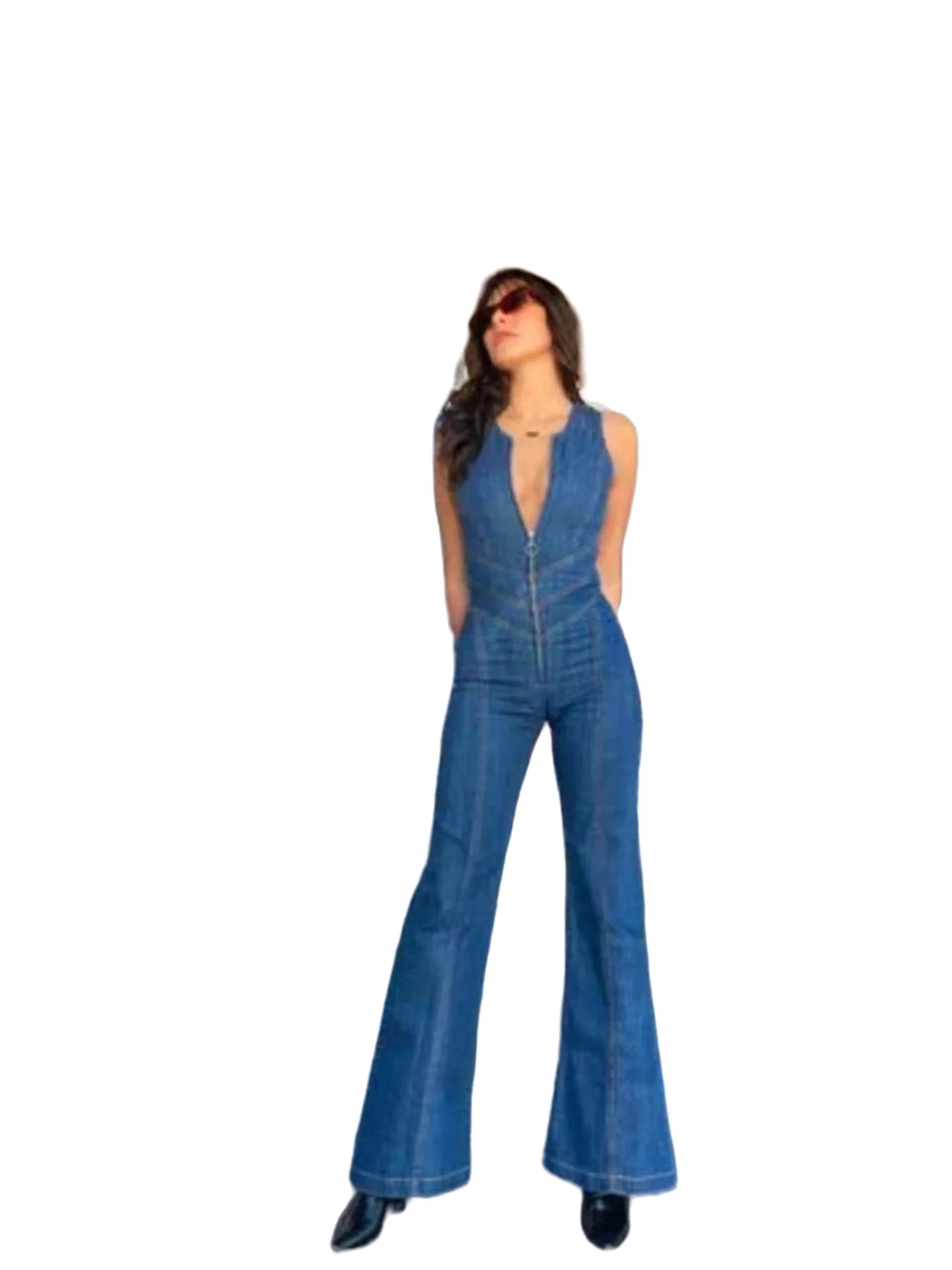 👖: Vintage High-Waist Denim Jumpsuit - Retro Slim-Fit One-Piece Style