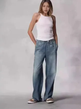 👖: Retro Wide-Leg Mid-Waist Jeans - Vintage Style Loose Fit Denim