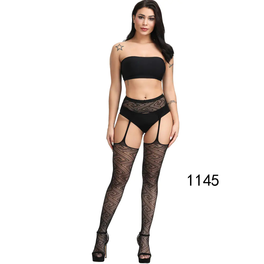🦵: Sheer Lace-Trimmed Stockings with Open Crotch - Elegant Seductive Hosiery