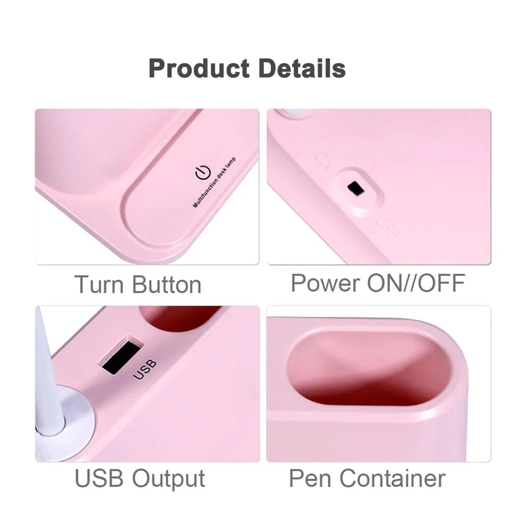 💡: USB Rechargeable LED Desk Lamp - Touch Dimming Phone Holder Fan Brush Pot