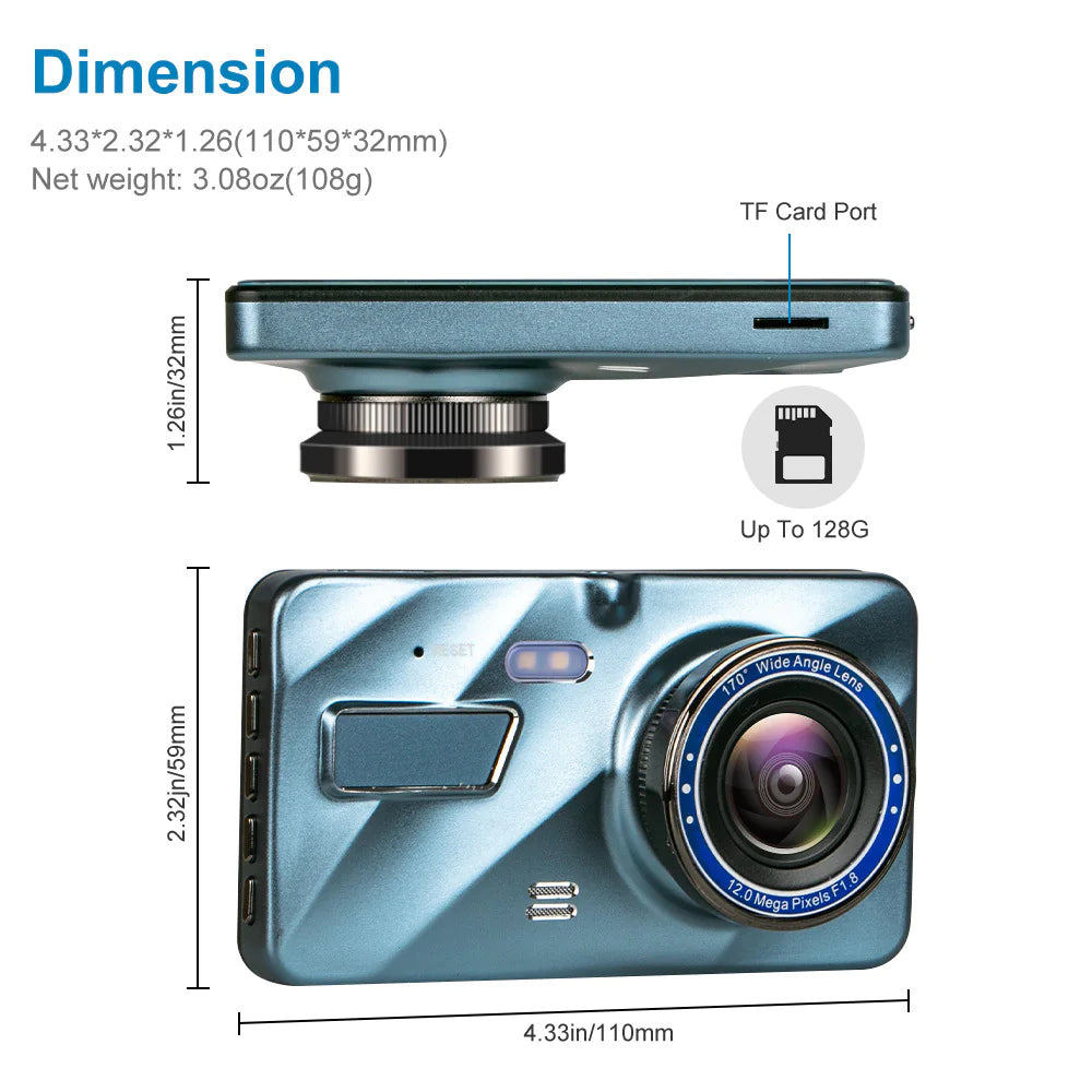 📱 4" Touch Screen Dash Cam - 1080P Dual Lens Front & Rear DVR