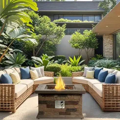 🔥: 28" Fire Pit Table - 40,000 BTU Square Stone Propane Fire Pit with Lava Rocks