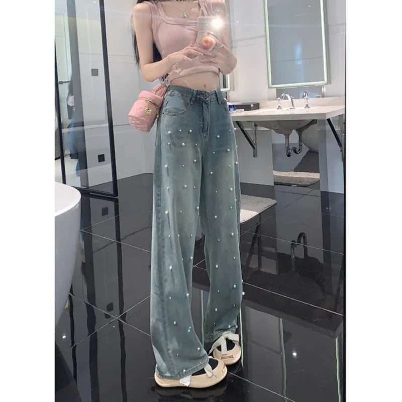 👖: Pearl Straight Jeans High Waist Wide-Leg - Sophisticated Slim-Fit Denim