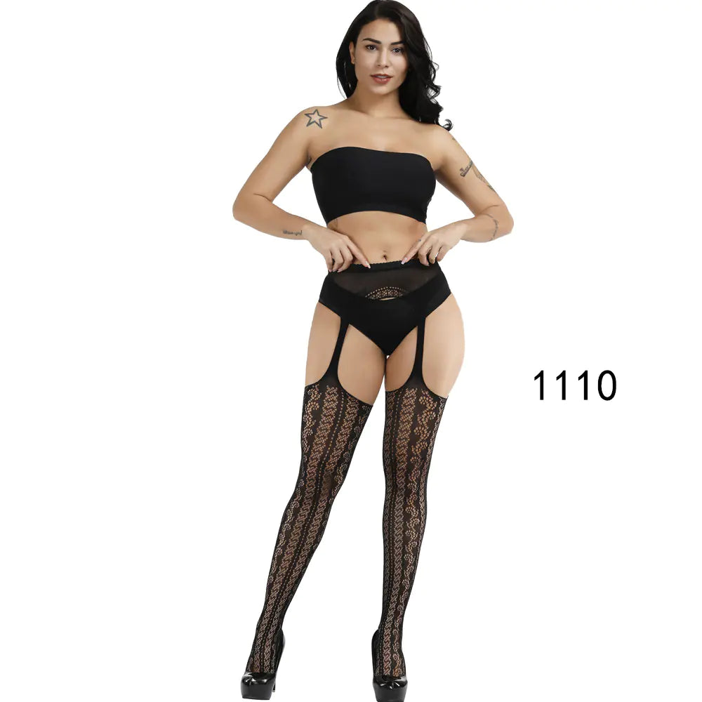🦵: Sheer Lace-Trimmed Stockings with Open Crotch - Elegant Seductive Hosiery