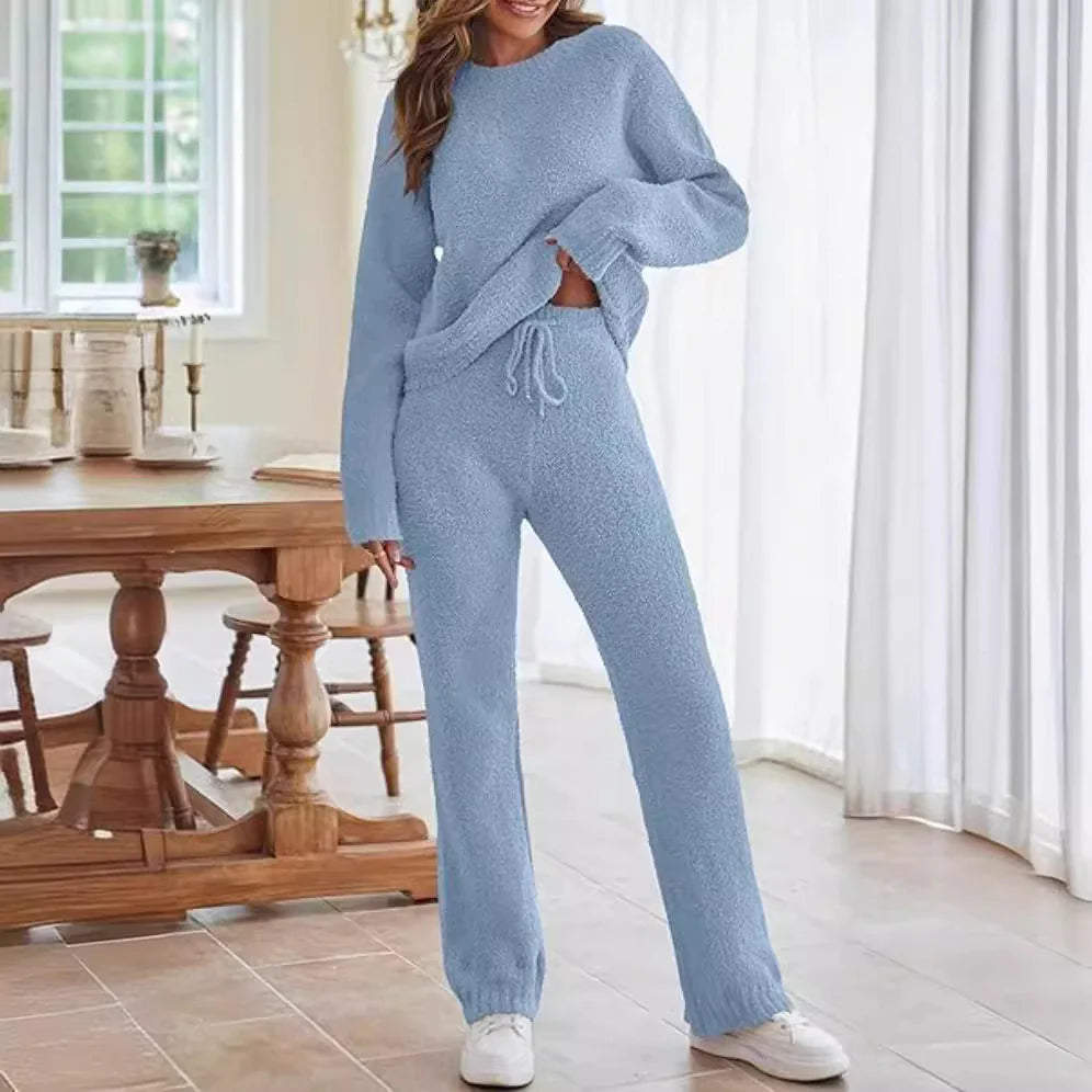 👔: Solid Color Women's Round Neck Long Sleeve Warm Suit - Cozy Two-Piece Set