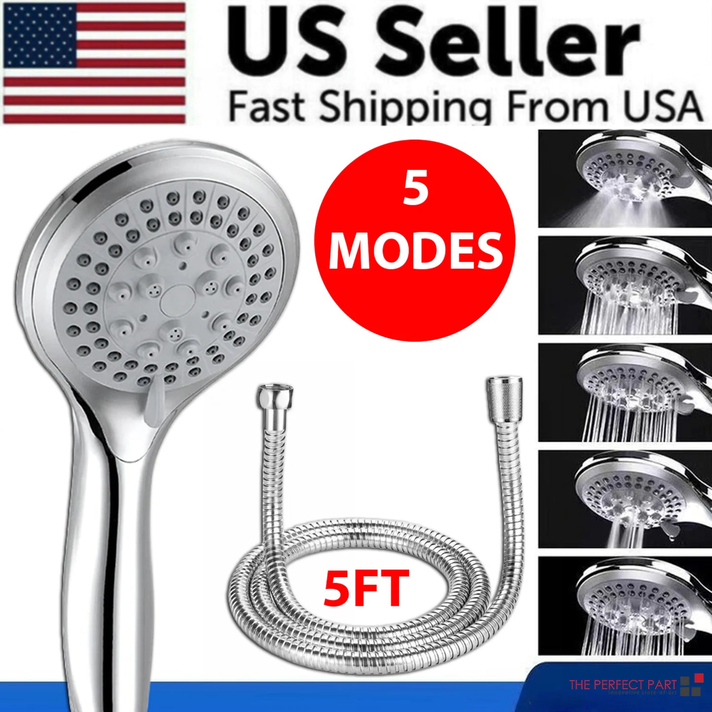 🚿 High Pressure Shower Head - 5 Settings Handheld Spray with 5ft Hose