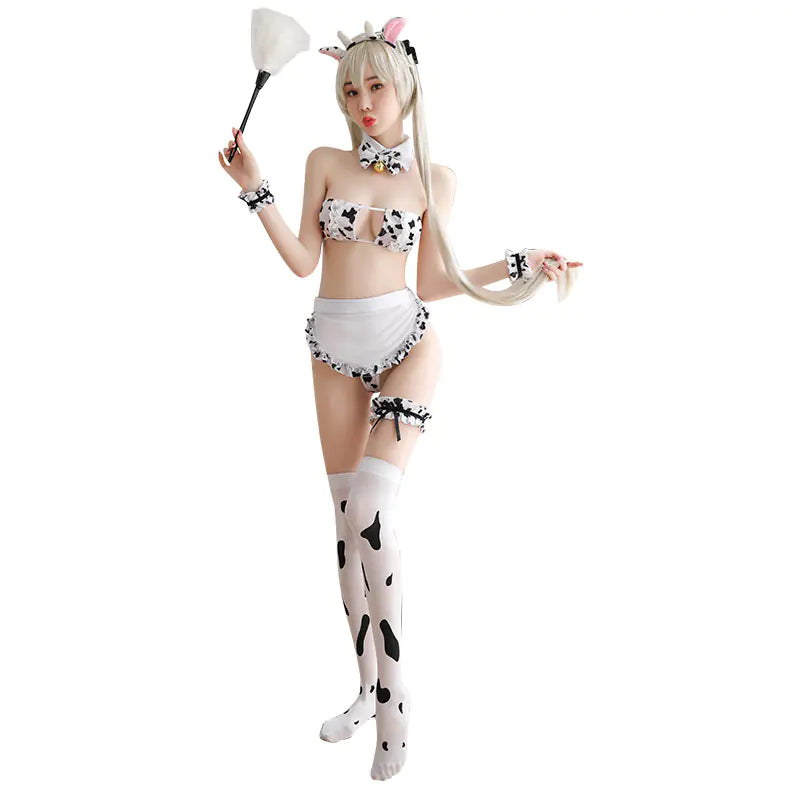 π Cute Cow Print Maid Outfit with Lingerie Set - Playful Fantasy Costume
