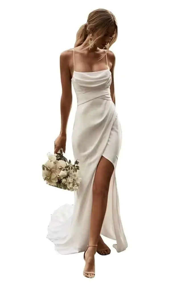 π°: Dessiny Spaghetti Straps Boho Wedding Dress - Long Split Sleeveless Beach Bridal Gown