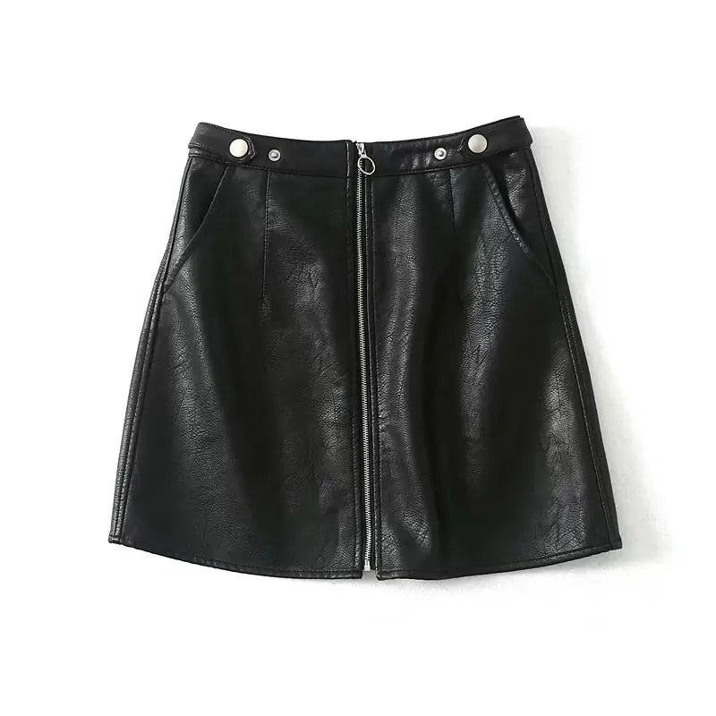 👗: High Waist Slim Zipper A-Line PU Leather Mini Skirt