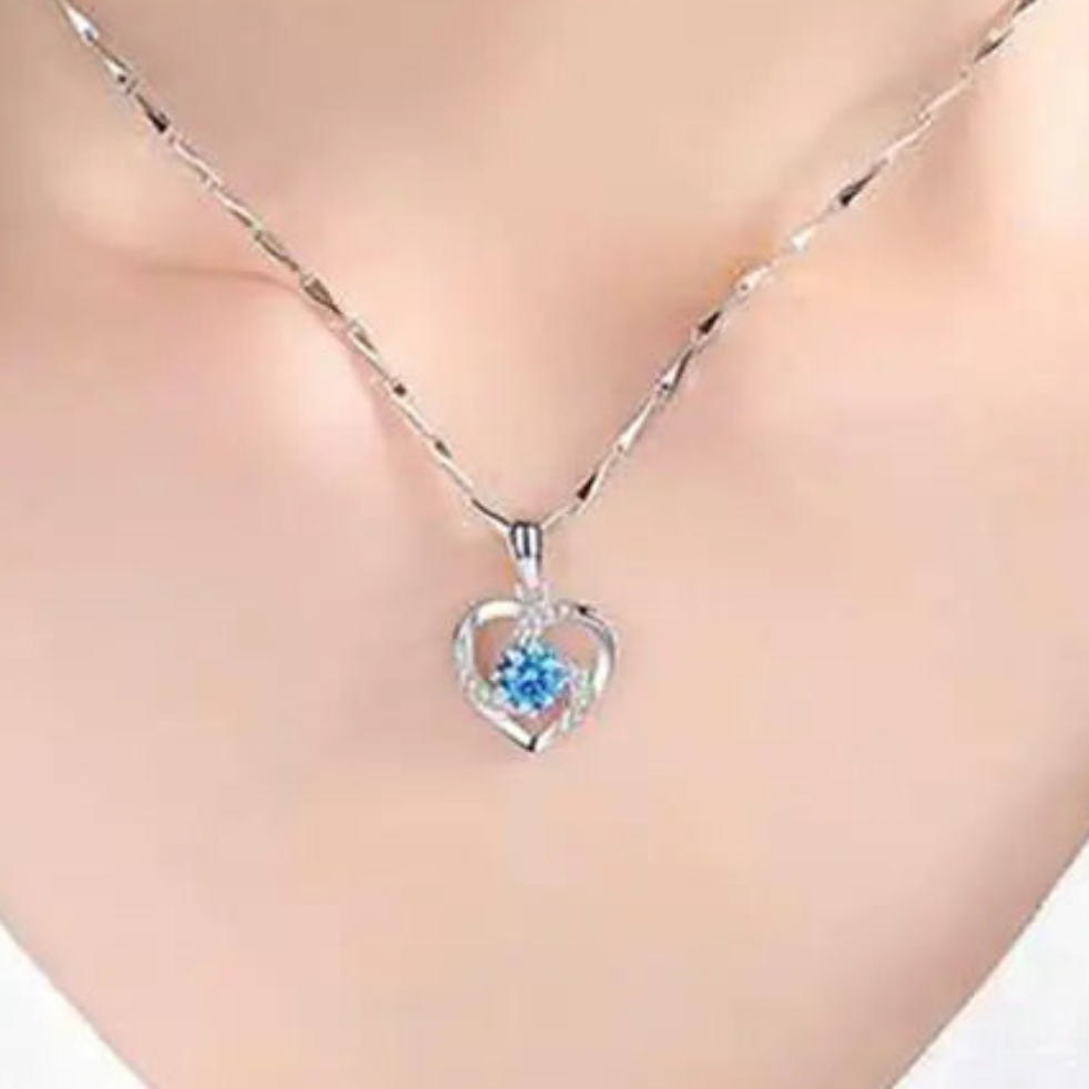 π: 925 Silver Plated Blue Crystal Heart Necklace - Elegant Pendant Jewelry
