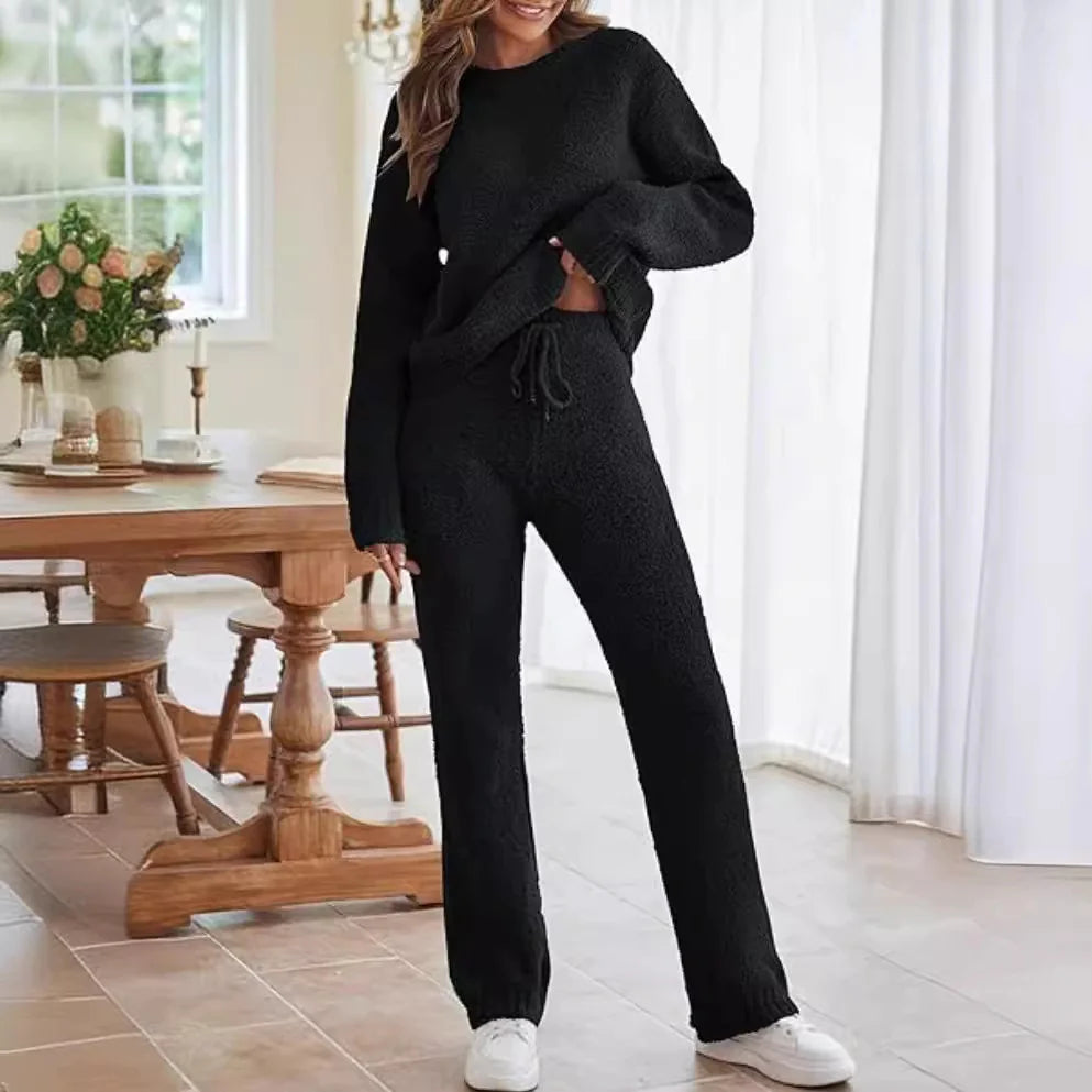 👔: Solid Color Women's Round Neck Long Sleeve Warm Suit - Cozy Two-Piece Set