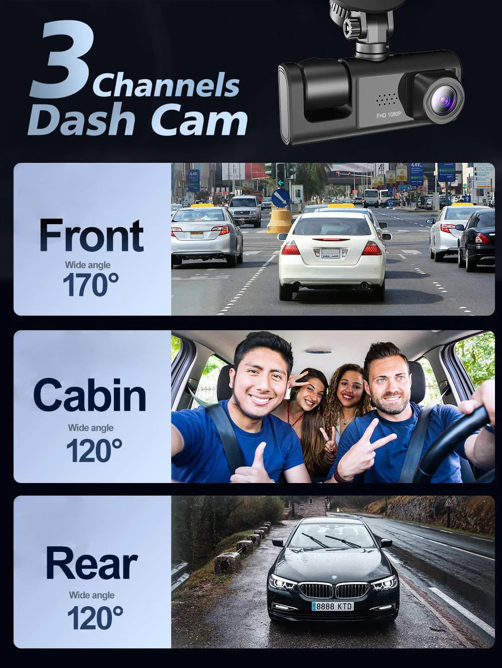 📹 Car Triple Lens Dash Cam - HD 1080P Front/Rear/Inside Video Recorder