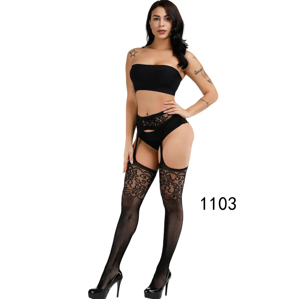 🦵: Sheer Lace-Trimmed Stockings with Open Crotch - Elegant Seductive Hosiery