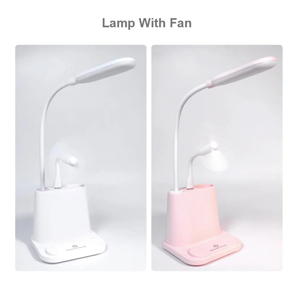 💡: USB Rechargeable LED Desk Lamp - Touch Dimming Phone Holder Fan Brush Pot