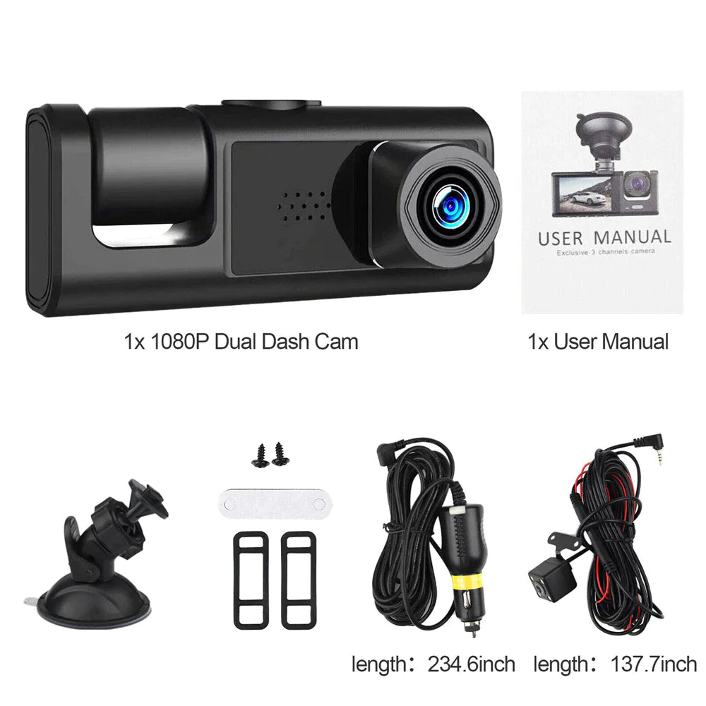 📹 Car Triple Lens Dash Cam - HD 1080P Front/Rear/Inside Video Recorder