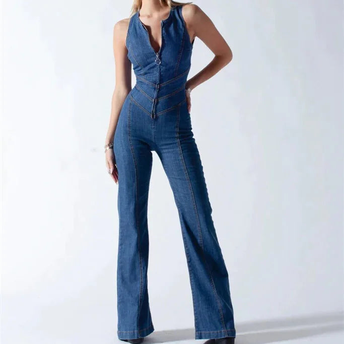 👖: Vintage High-Waist Denim Jumpsuit - Retro Slim-Fit One-Piece Style