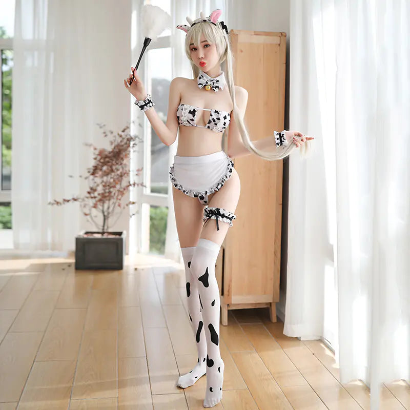 π Cute Cow Print Maid Outfit with Lingerie Set - Playful Fantasy Costume