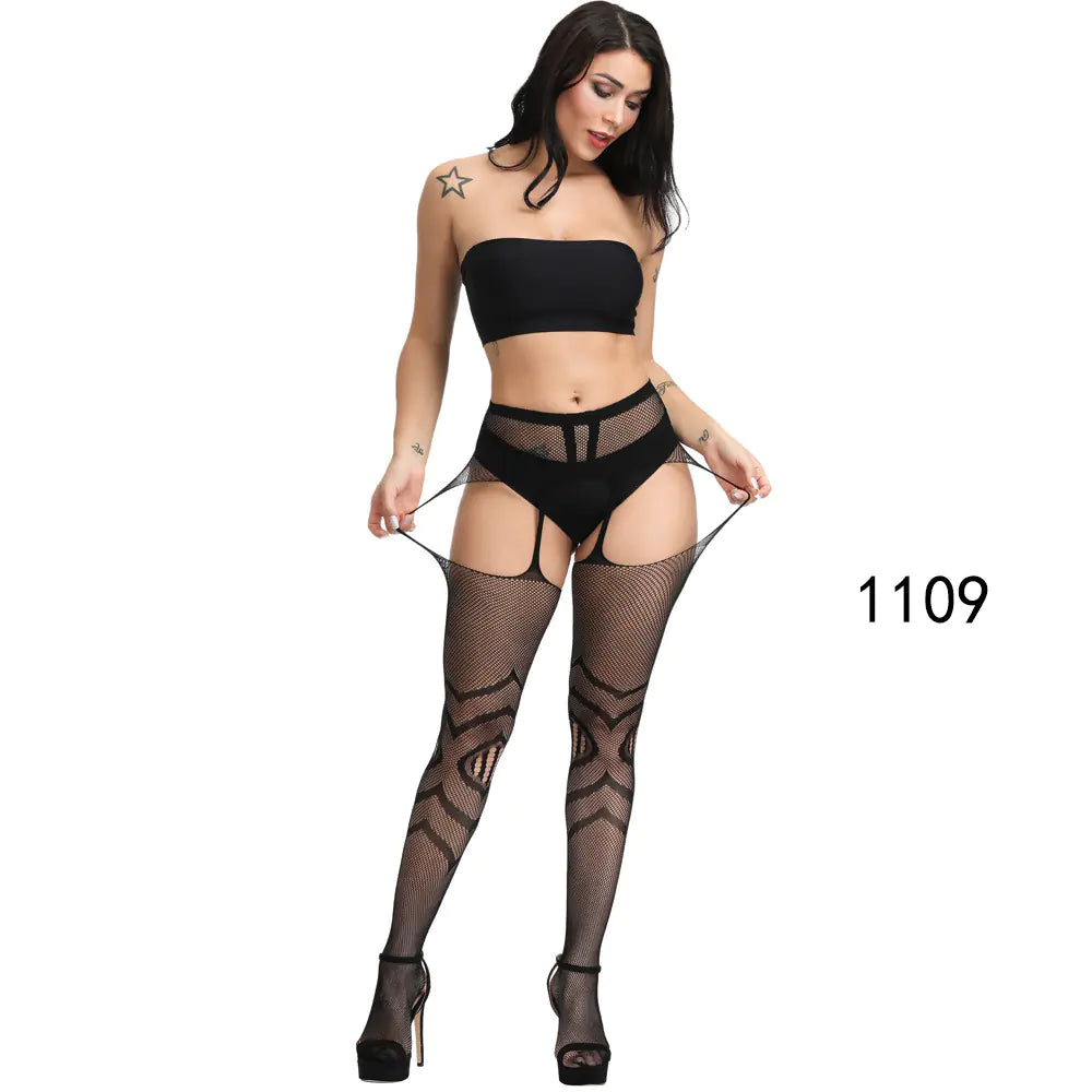 🦵: Sheer Lace-Trimmed Stockings with Open Crotch - Elegant Seductive Hosiery