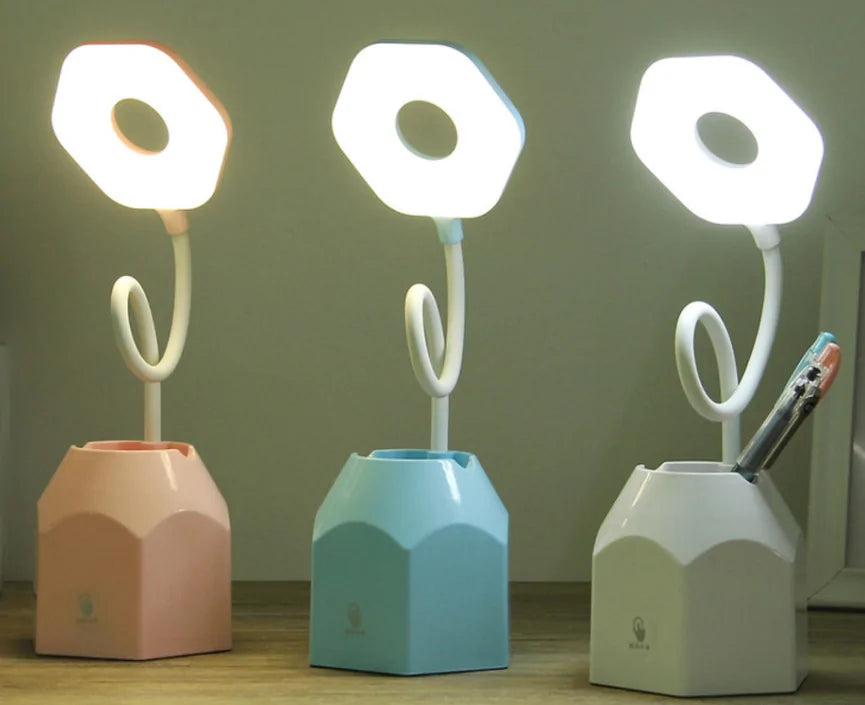 💡: USB Rechargeable LED Desk Lamp - Touch Dimming Phone Holder Fan Brush Pot