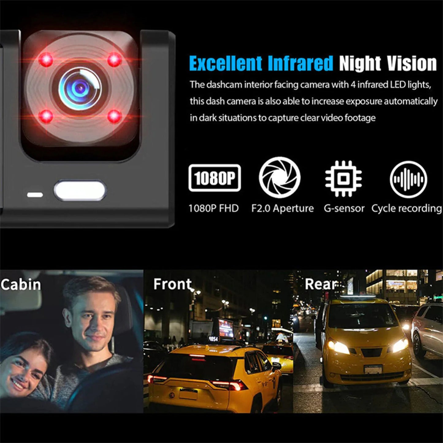 📹 Car Triple Lens Dash Cam - HD 1080P Front/Rear/Inside Video Recorder