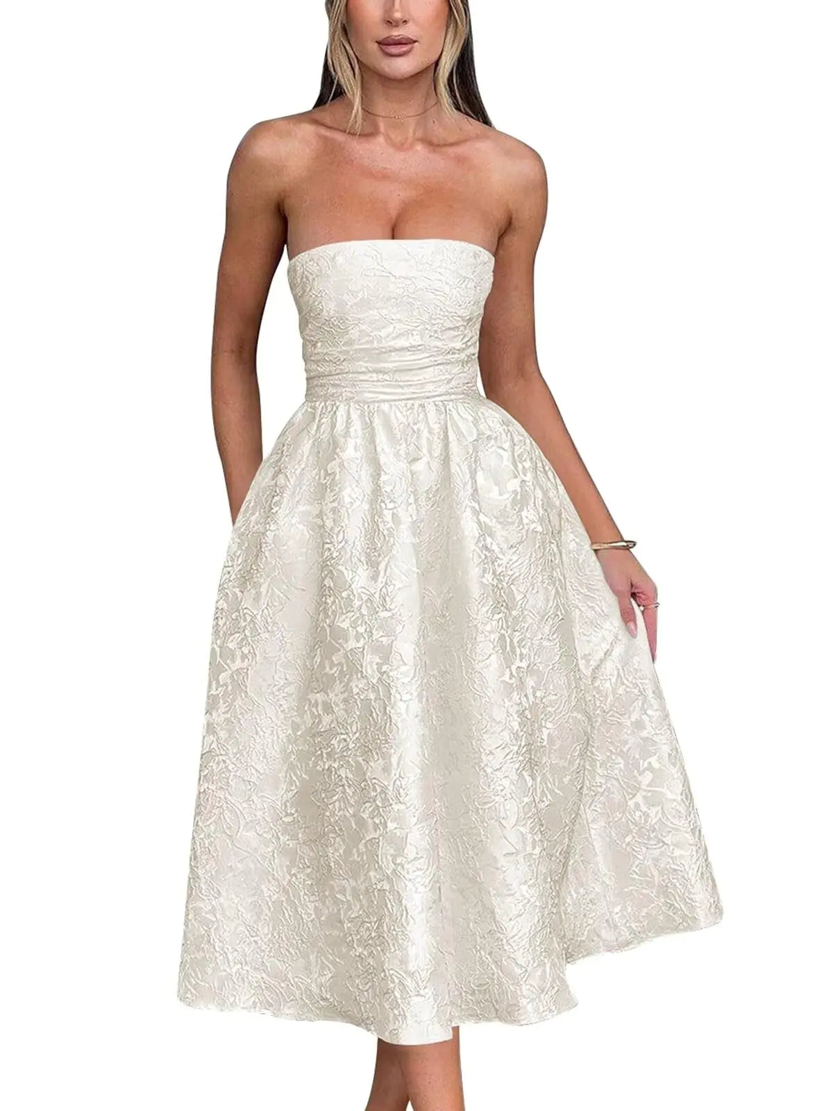 π: Basgute Floral Jacquard Satin Tea Length Prom Dress - Ivory Strapless A-Line Midi Formal Gown