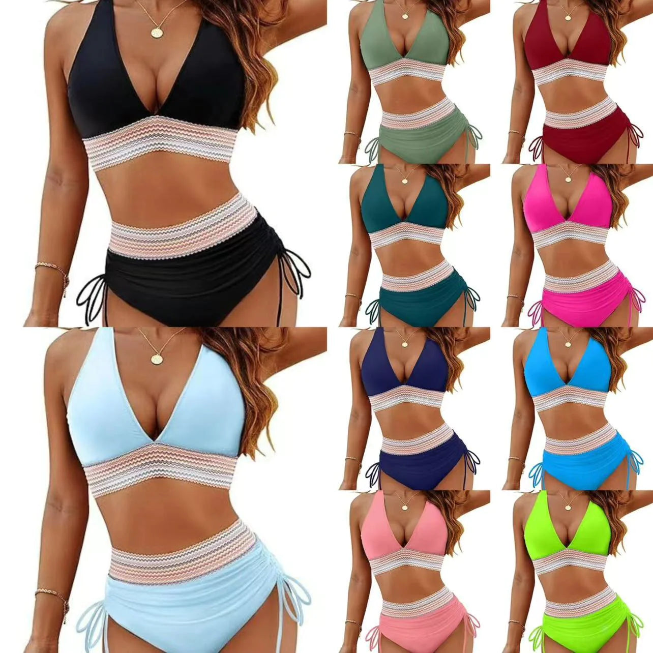 👙: Color Blocking Bikini Set - Drawstring Two-Piece Swimsuit
