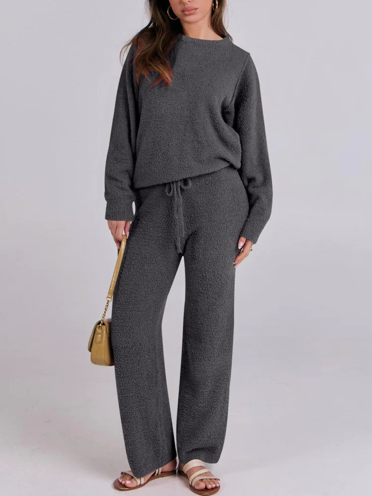 👔: Solid Color Women's Round Neck Long Sleeve Warm Suit - Cozy Two-Piece Set