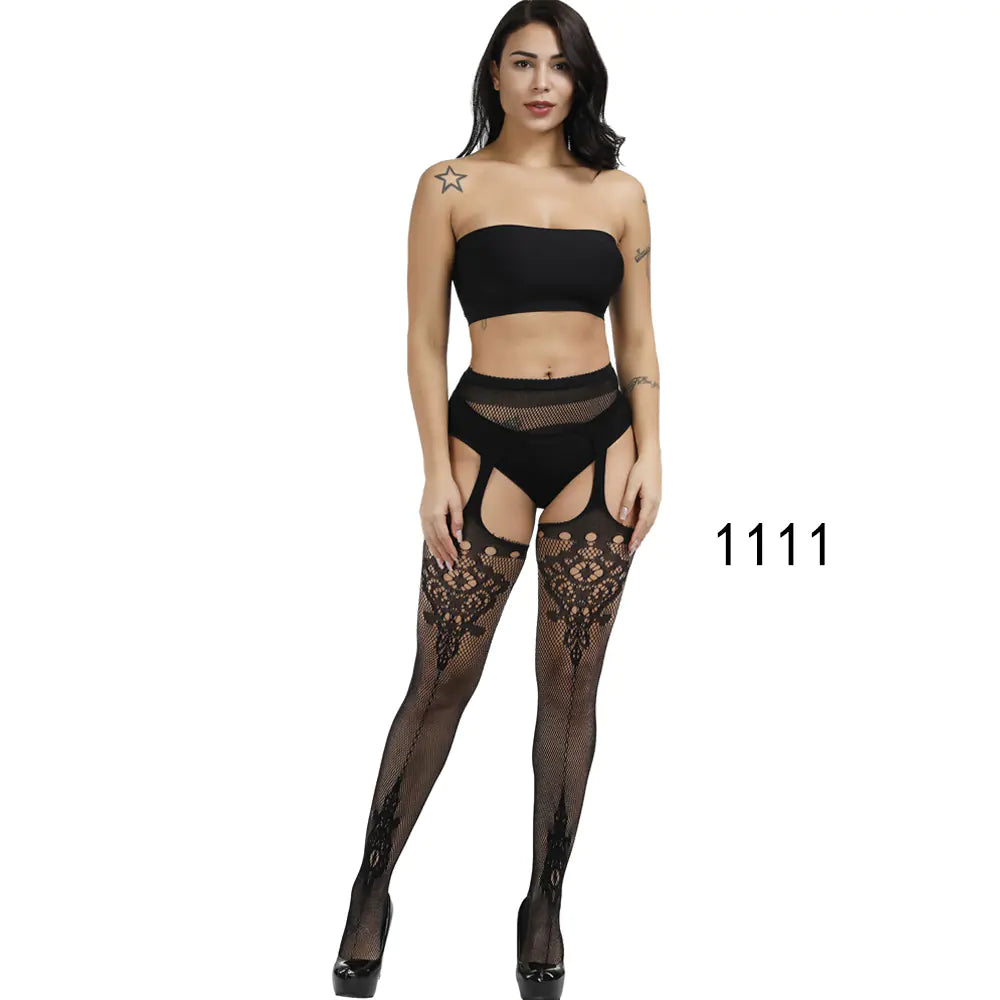 🦵: Sheer Lace-Trimmed Stockings with Open Crotch - Elegant Seductive Hosiery