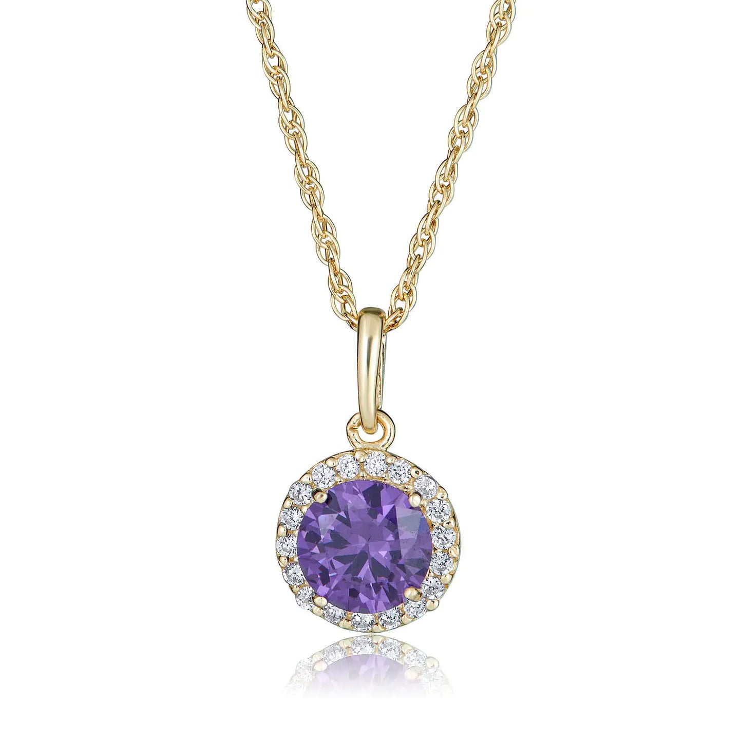 π: AVORA 10K Yellow Gold Amethyst Necklace - February Birthstone CZ Halo Pendant