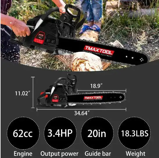 πͺ TMAXTOOL 62cc Gas Chainsaw - 20 Inch Professional 2-Stroke Pruning Saw