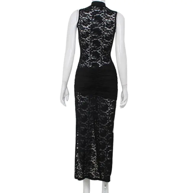 👗: Sexy Hollow Out Lace Sleeveless Dress - Slim Fit High Slit Evening Wear
