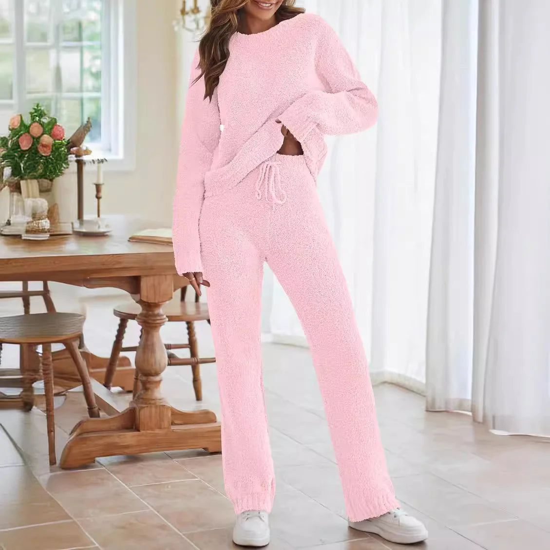 👔: Solid Color Women's Round Neck Long Sleeve Warm Suit - Cozy Two-Piece Set