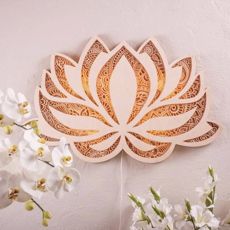 🪷: Lotus Flower Wall Hanging Light - Elegant Wooden Ambient Lighting