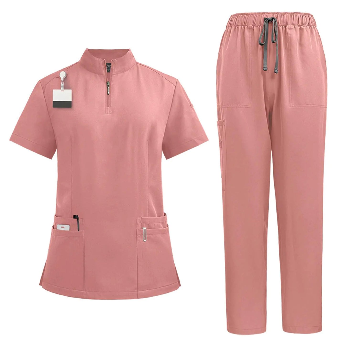 🩺 Cotton Scrubs Set M - Pink V-Neck Nursing Uniform with Jogger Pants