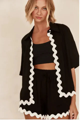 🧥: Fashion Simple Cardigan Women's Wavy Stitching Suit - Elegant Two-Piece Set