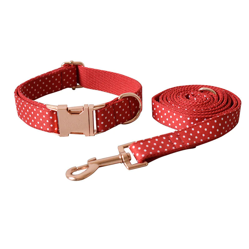 🔴: Red Dot Dog Collar & Leash Set with Bow Tie - Stylish Walking Ensemble