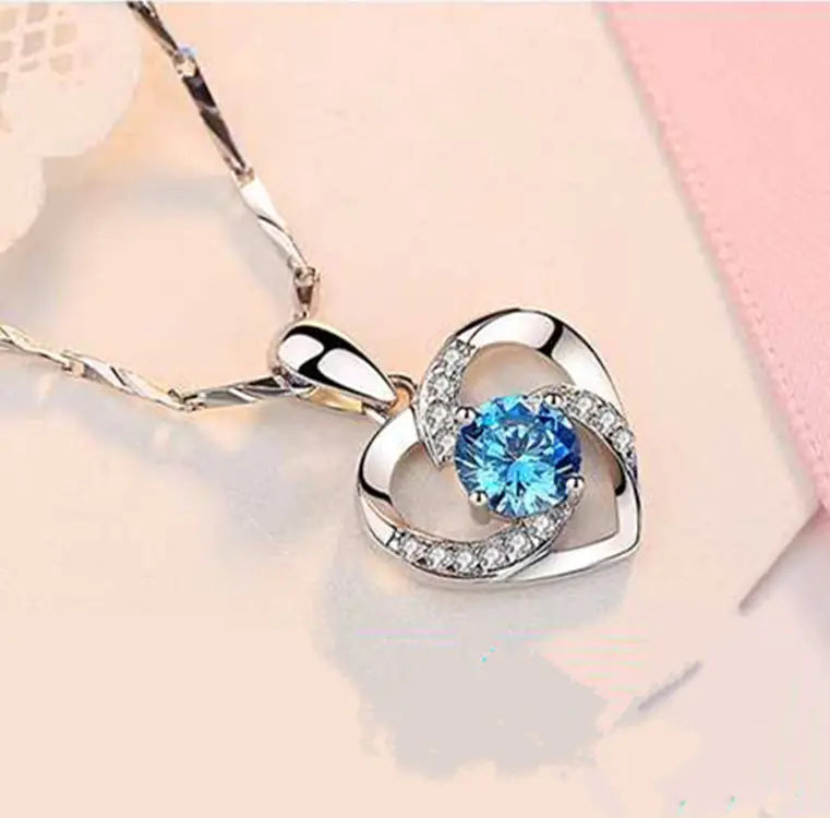 π: 925 Silver Plated Blue Crystal Heart Necklace - Elegant Pendant Jewelry