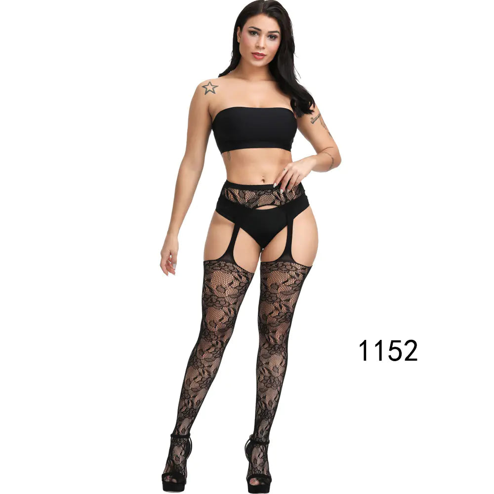 🦵: Sheer Lace-Trimmed Stockings with Open Crotch - Elegant Seductive Hosiery