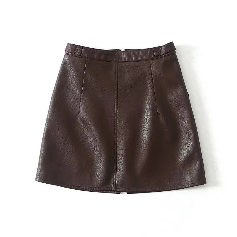 👗: High Waist Slim Zipper A-Line PU Leather Mini Skirt