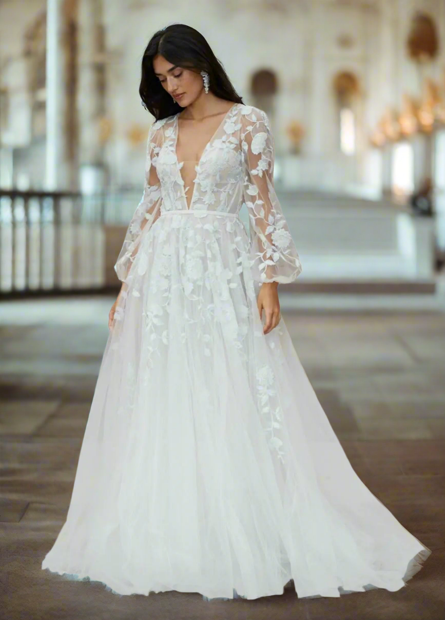 π°: YMSHA Long Sleeve Boho Wedding Dress 2025 - Deep V-Neck A-Line Lace Bridal Gown Plus Size