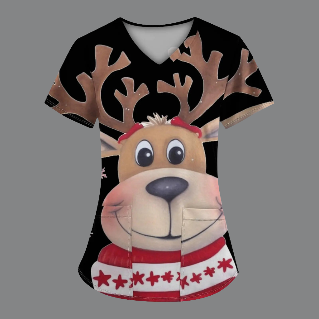 π Christmas Scrub Shirt Women - Funny Snowman V-Neck with Pockets