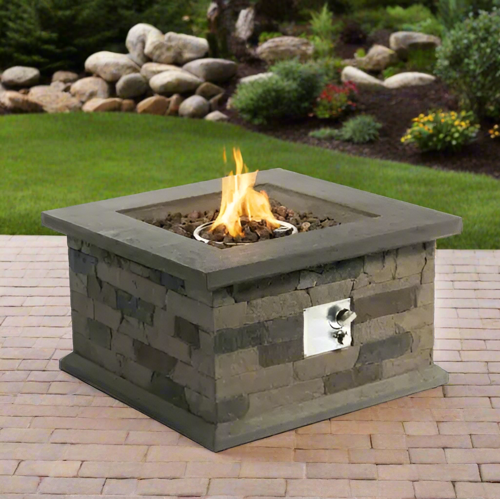 🔥: 28" Fire Pit Table - 40,000 BTU Square Stone Propane Fire Pit with Lava Rocks