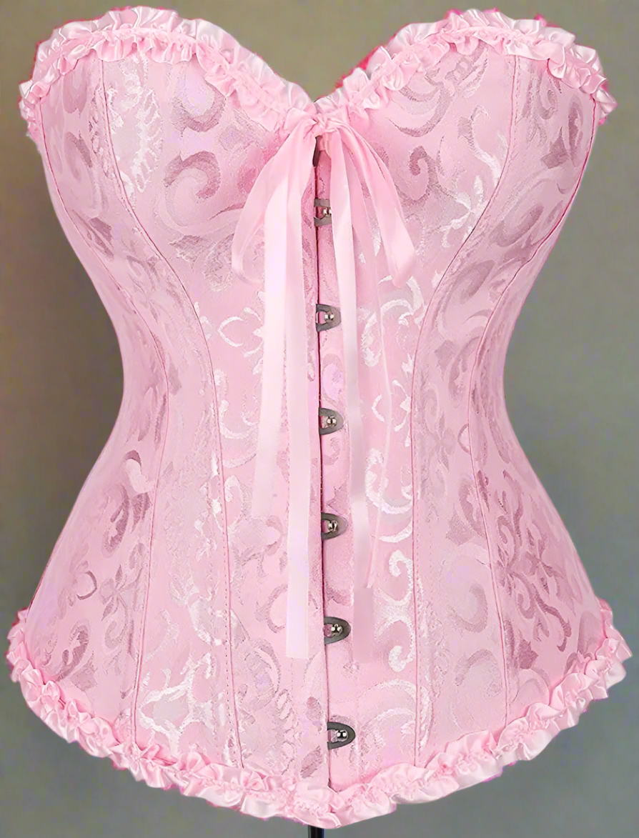 π: Women's Pink Floral Satin Corset - Lace-Up Overbust Bustier
